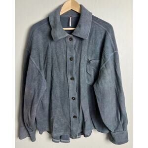Free People Slate Blue Fleece Button-Up Shacket Size Medium Oversized Cozy Women